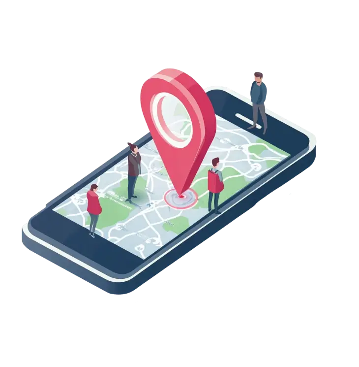 Référencement de site internet - smartphone avec une carte et une géolocalisation, représentant le référencement d'un site internet et la visibilité locale sur Google.