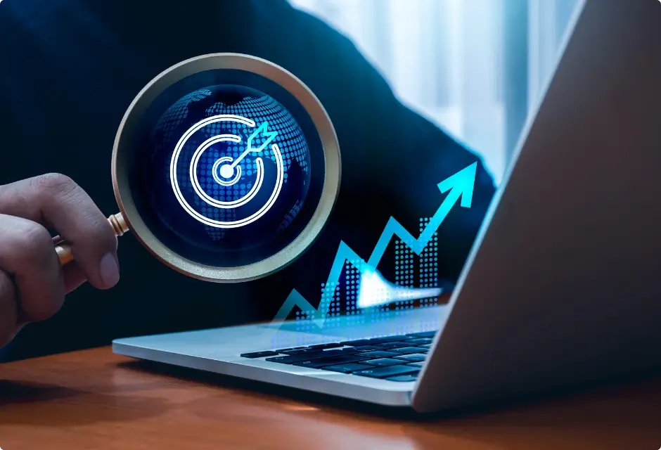 Main tenant une loupe devant un ordinateur avec une cible et une flèche montante, symbolisant un accompagnement en transformation digitale orienté résultats