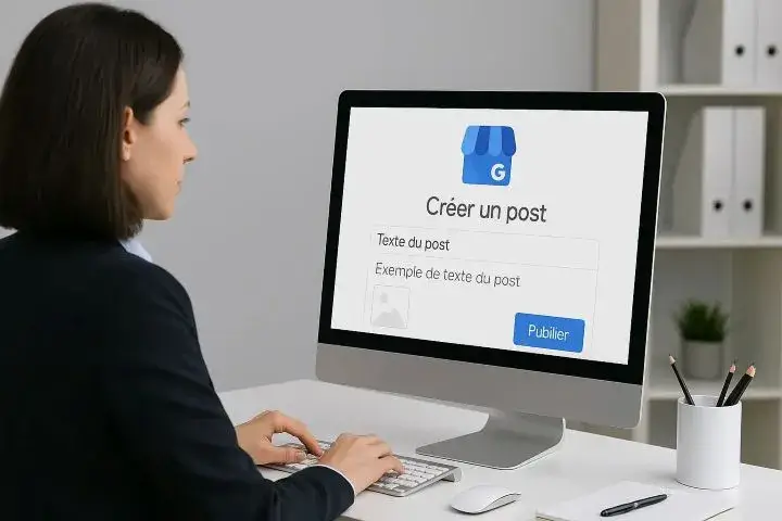 Femme créant un post sur Google My Business depuis un ordinateur de bureau